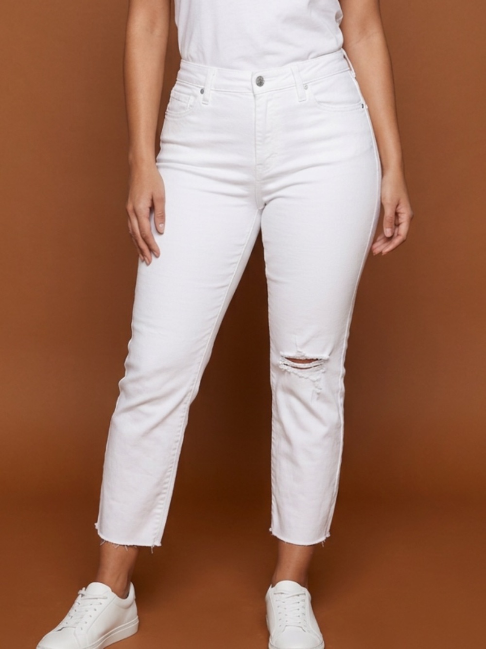 SILVER • Most Wanted Straight Crop White Jeans Size 18 Distressed Stretch